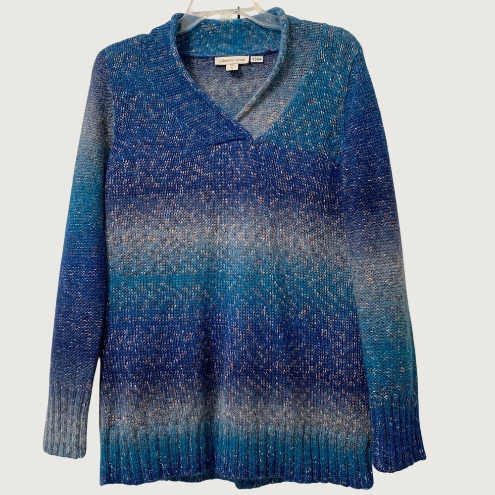 NWT Coldwater Creek Sweater Women L (14) Blue Ombre Metallic Wool Blend V-Neck